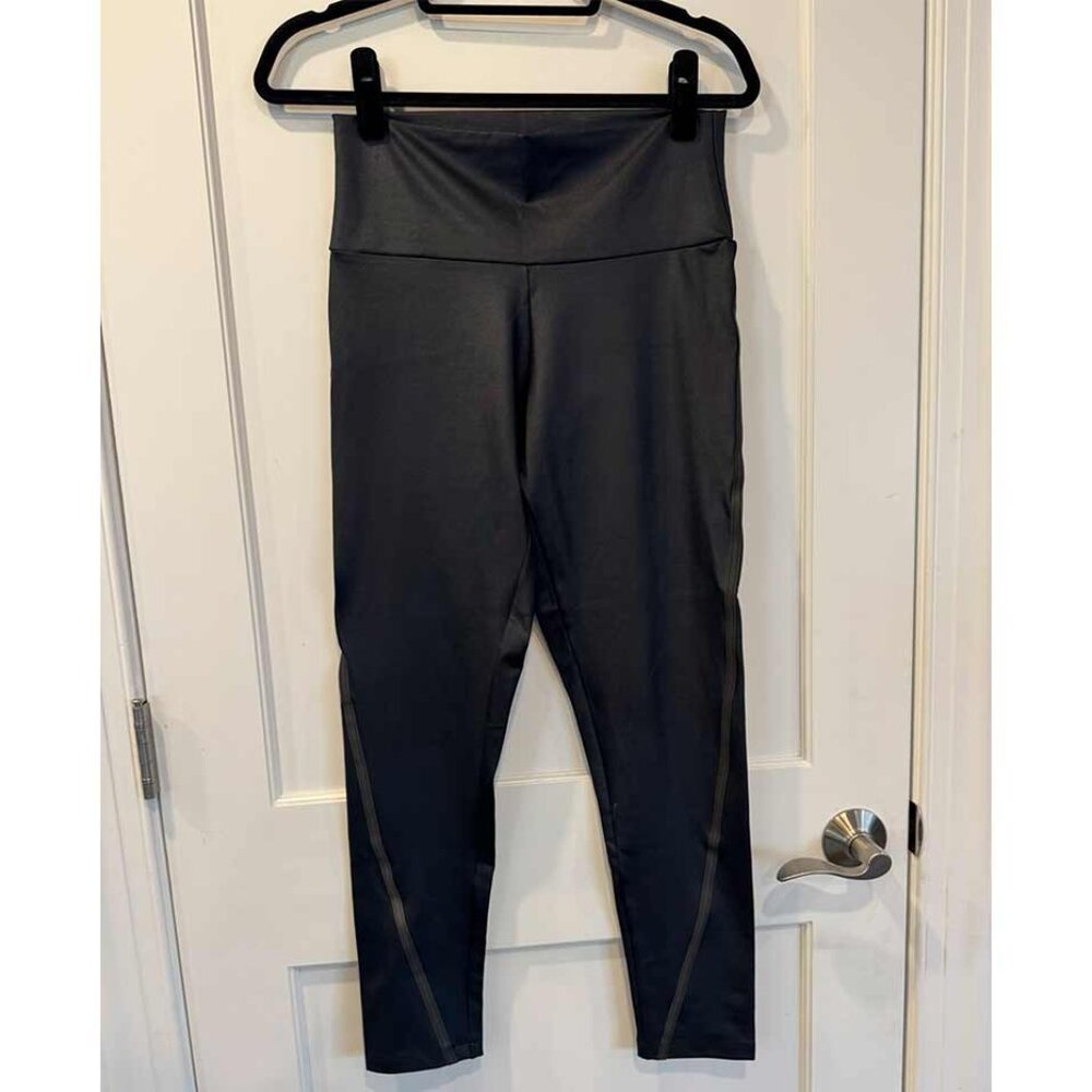 Peony & Me Faux Leather Black Leggings with Stripe - women's size large